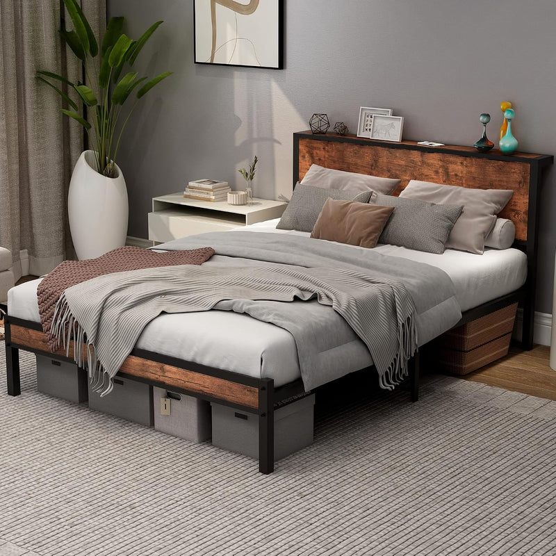 Rustic Bed Frame Storage Wooden Headboard Metal Platform