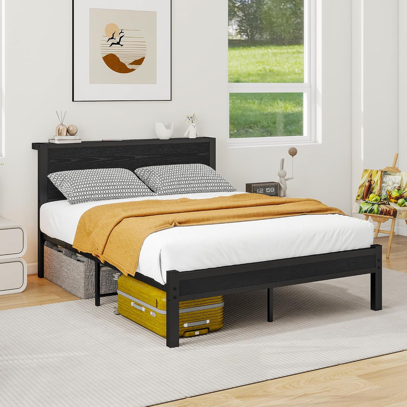 Rustic Bed Frame Wooden Storage Headboard