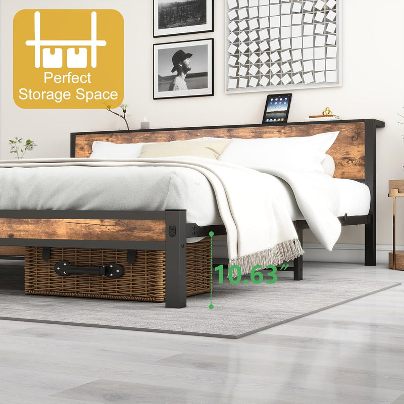 Rustic Bed Frame Wooden Storage Headboard