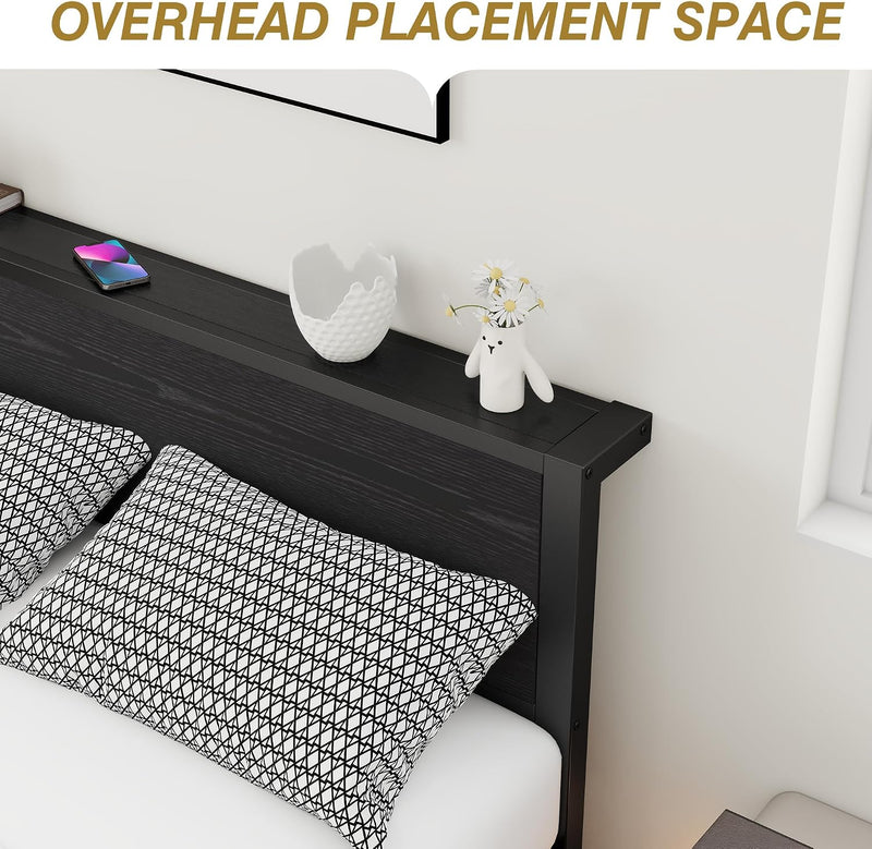 Rustic Bed Frame Wooden Storage Headboard
