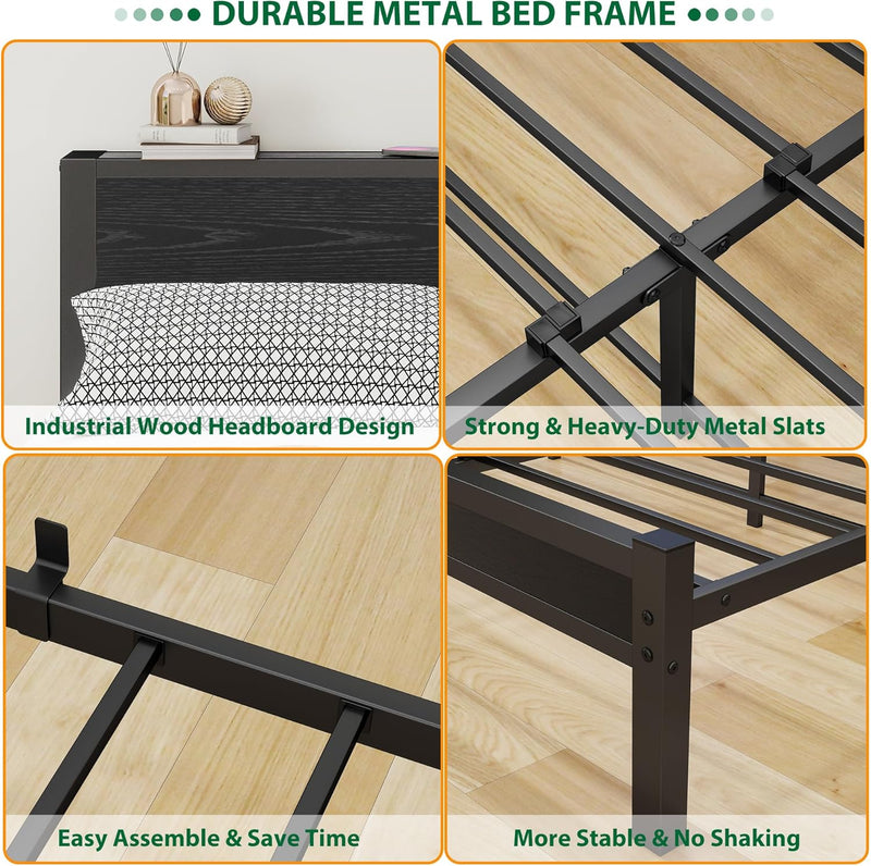 Rustic Bed Frame Wooden Storage Headboard