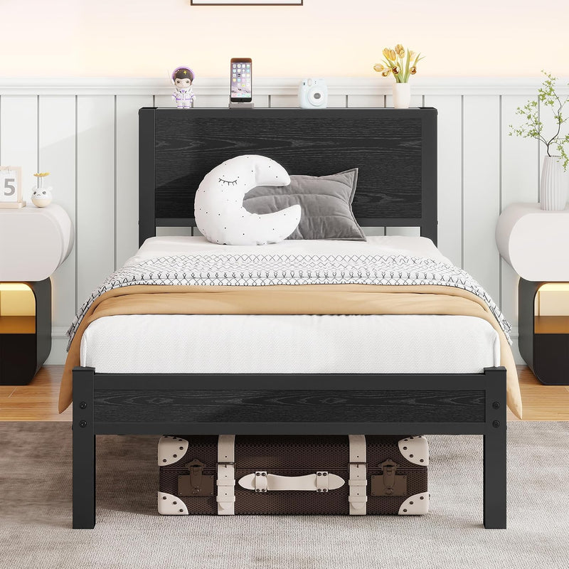 Rustic Bed Frame Wooden Storage Headboard