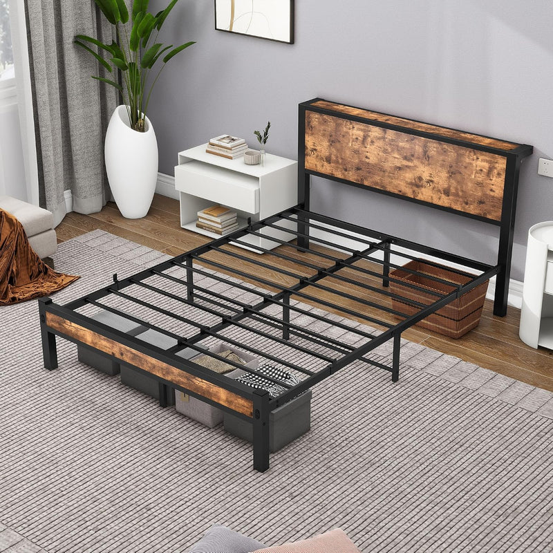 Rustic Bed Frame Wooden Storage Headboard