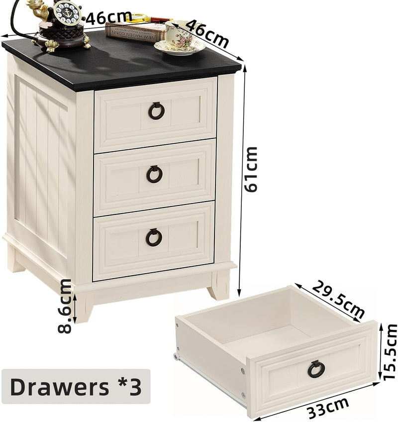 Rustic Farmhouse Bedside Table 3 Drawers Wooden Side
