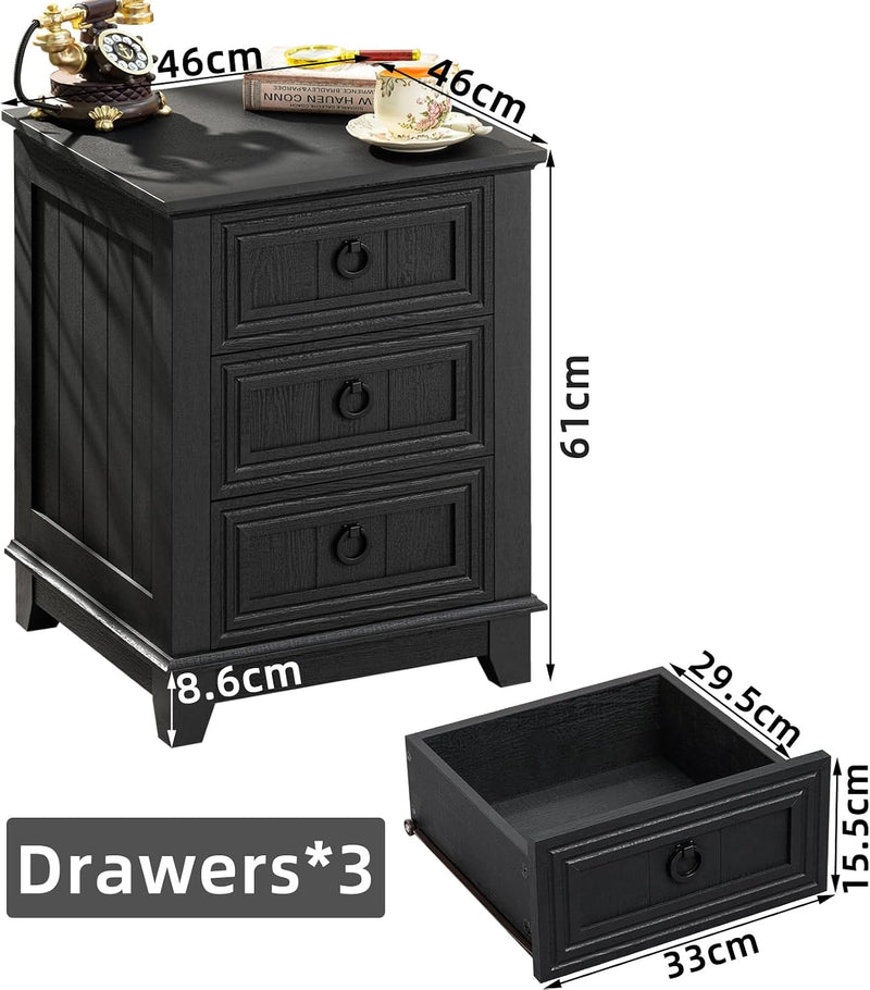Rustic Farmhouse Bedside Table 3 Drawers Wooden Side