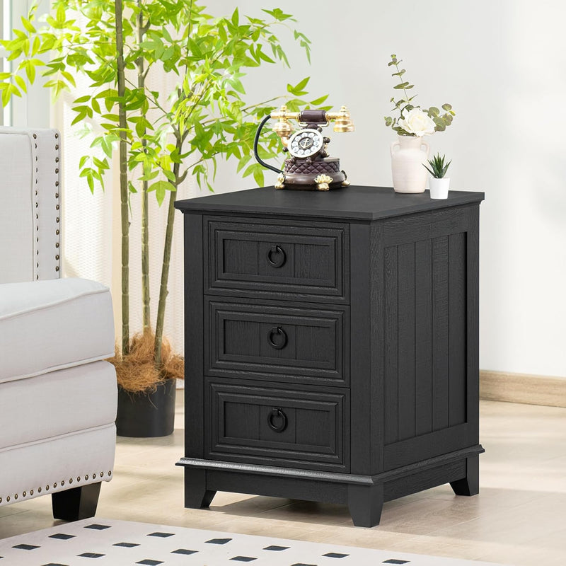 Rustic Farmhouse Bedside Table 3 Drawers Wooden Side