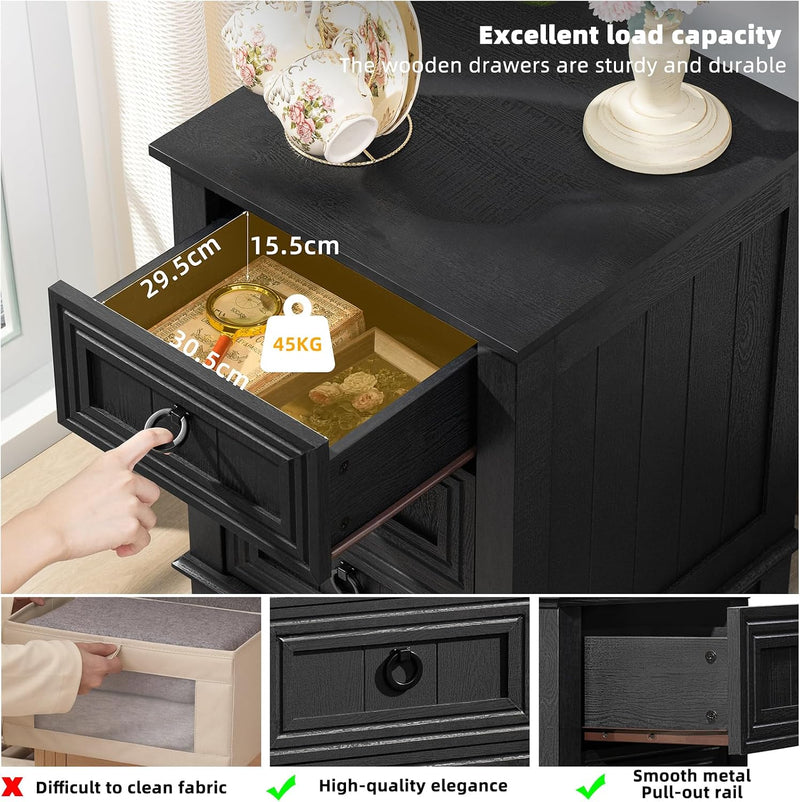 Rustic Farmhouse Bedside Table 3 Drawers Wooden Side