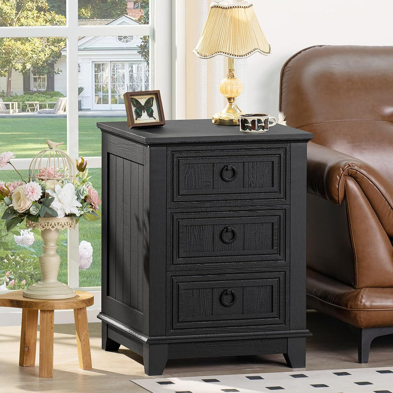 Rustic Farmhouse Bedside Table 3 Drawers Wooden Side