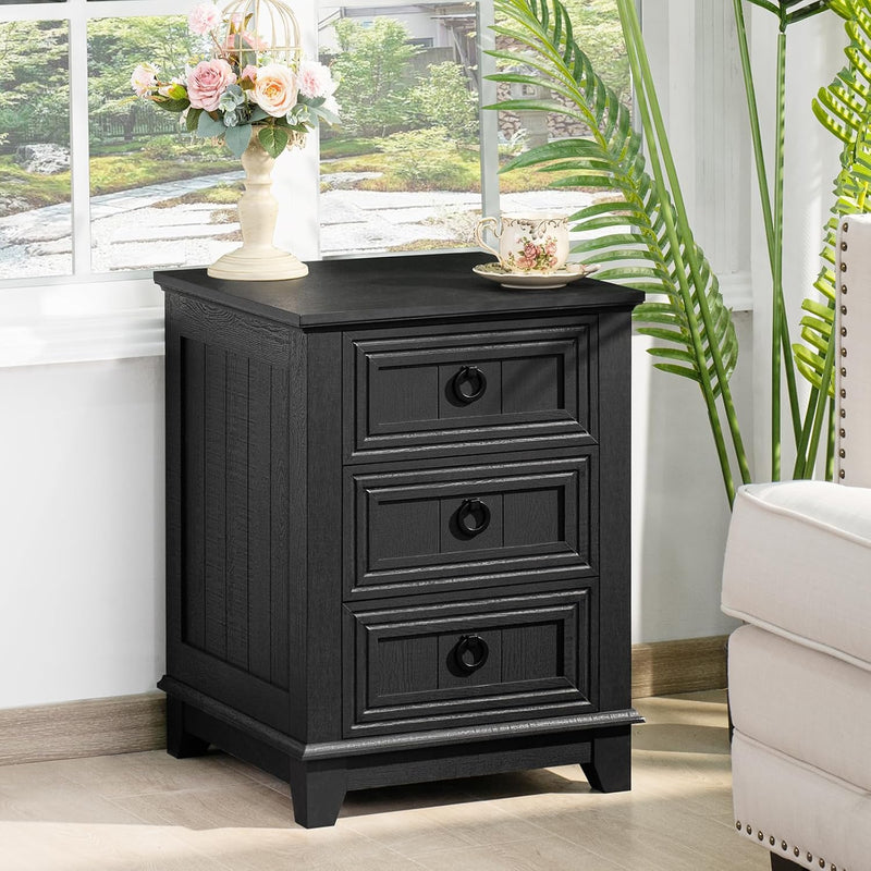 Rustic Farmhouse Bedside Table 3 Drawers Wooden Side
