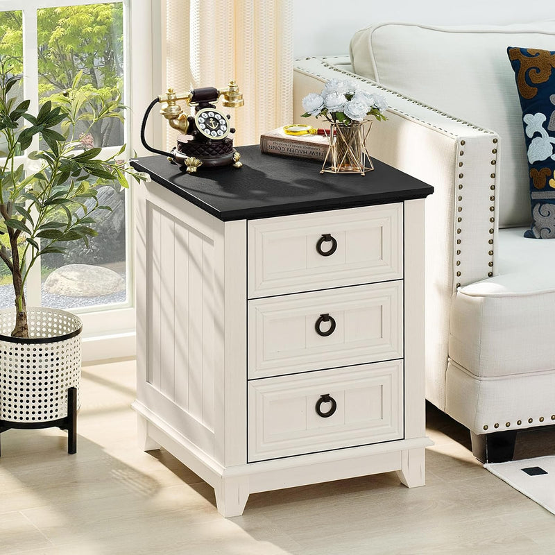 Rustic Farmhouse Bedside Table 3 Drawers Wooden Side
