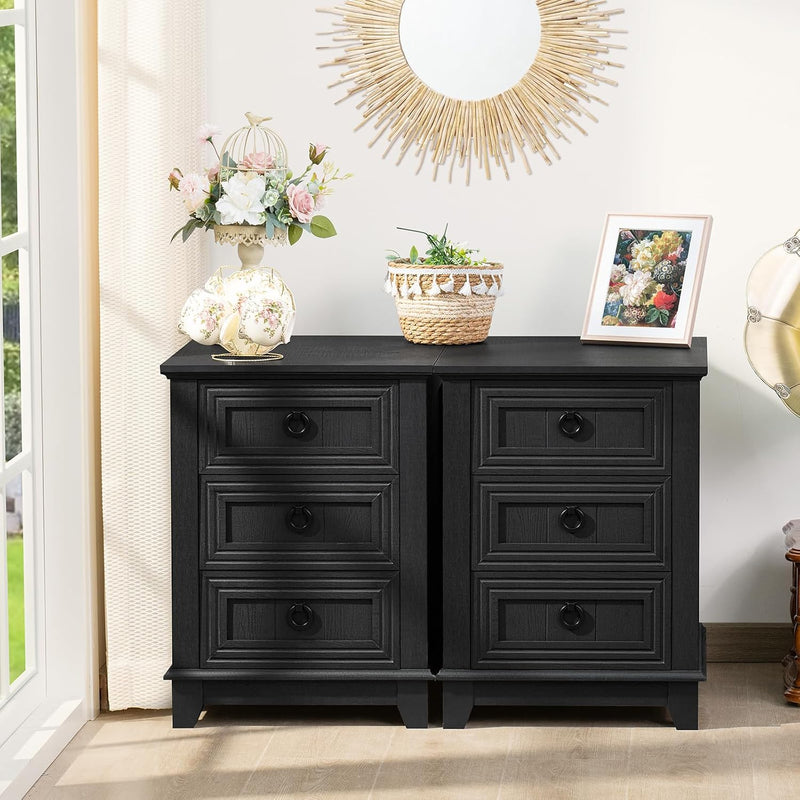 Rustic Farmhouse Bedside Table 3 Drawers Wooden Side