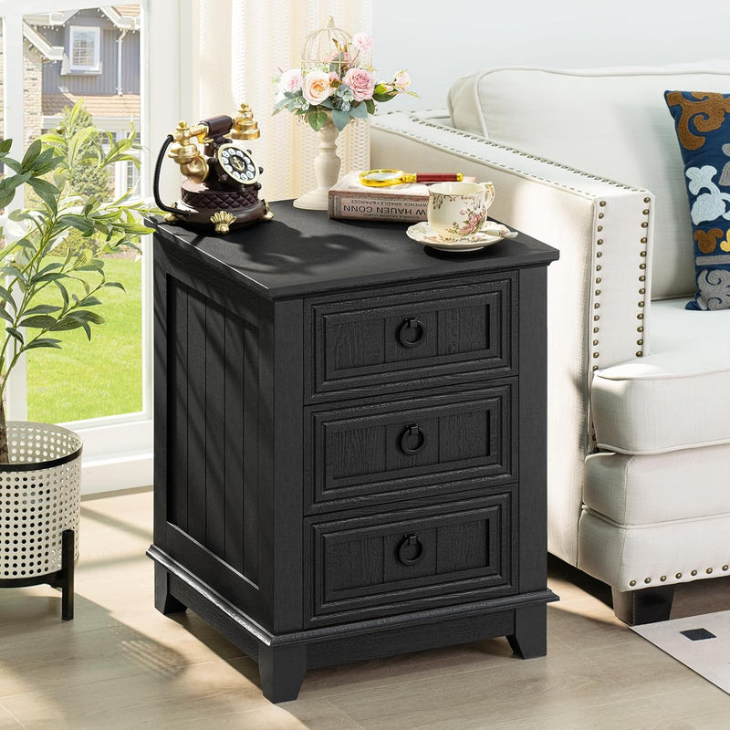 Rustic Farmhouse Bedside Table 3 Drawers Wooden Side