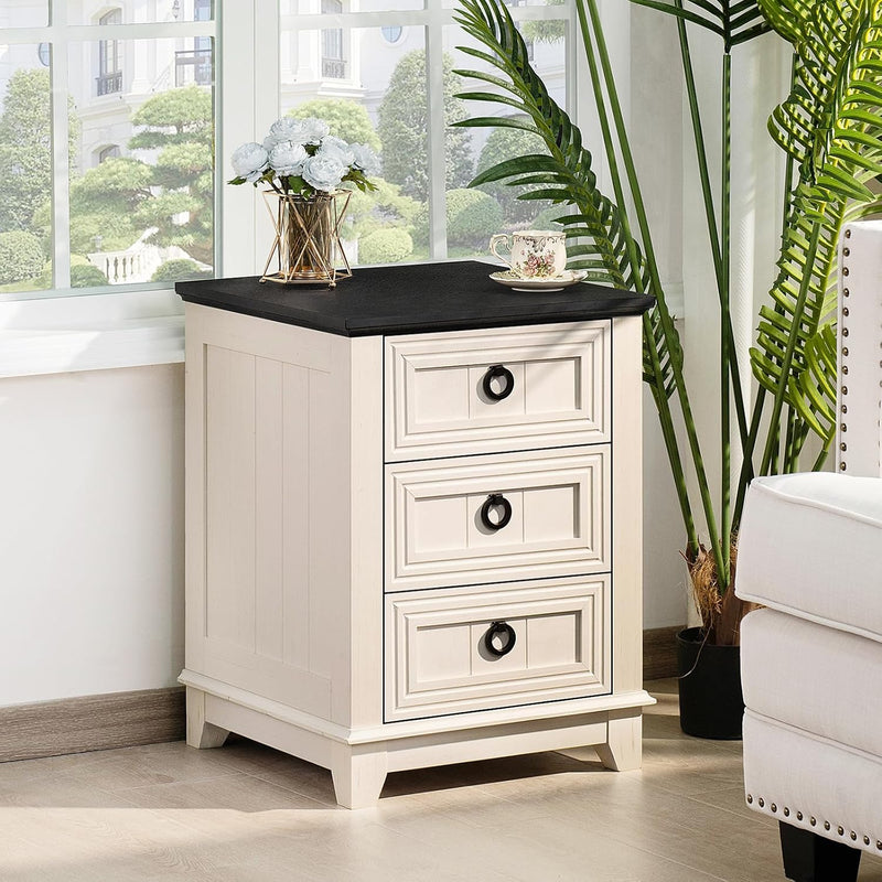 Rustic Farmhouse Bedside Table 3 Drawers Wooden Side