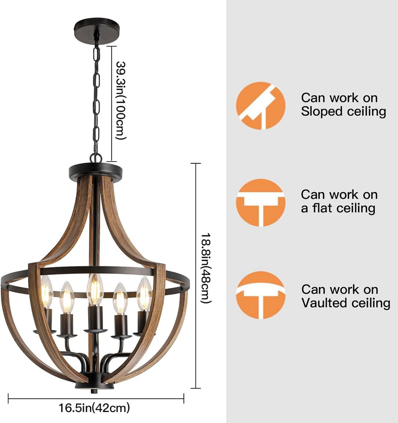 Rustic Industrial 5-Light Flush Mount Chandelier Adjustable