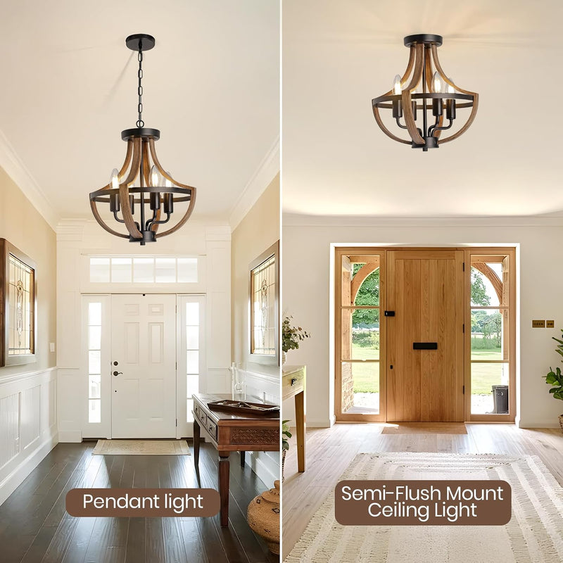 Rustic Industrial 5-Light Flush Mount Chandelier Adjustable