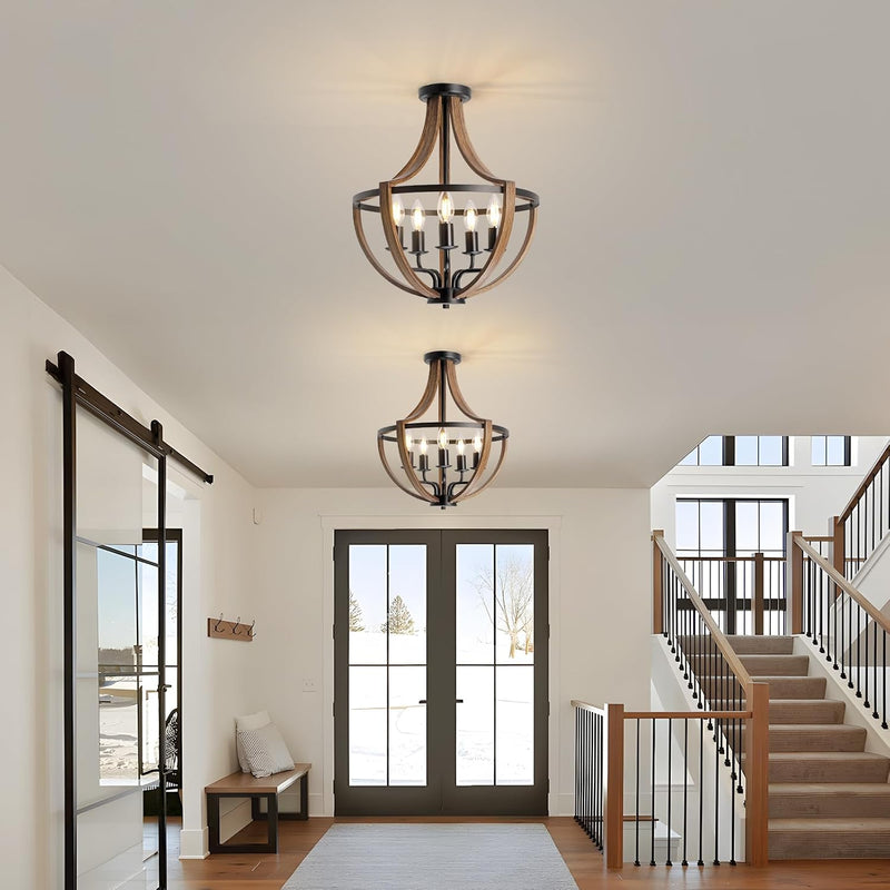 Rustic Industrial 5-Light Flush Mount Chandelier Adjustable
