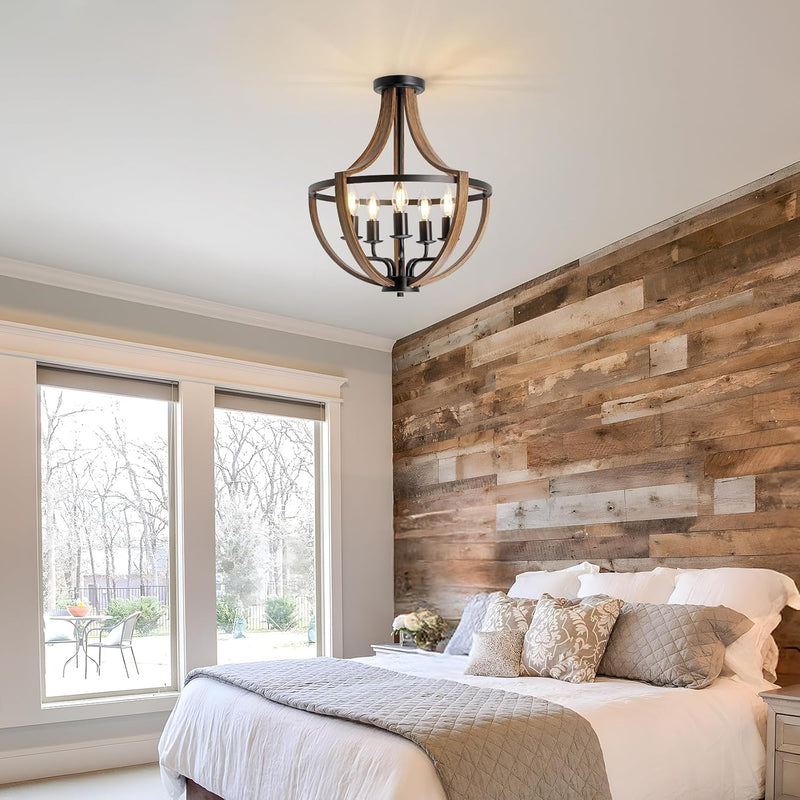 Rustic Industrial 5-Light Flush Mount Chandelier Adjustable