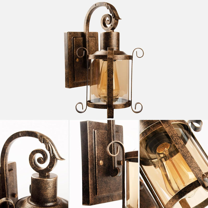 Rustic Interior Amber Glass Wall Sconce 2-Pack Bronze