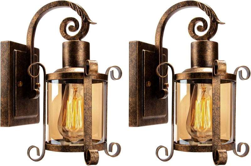 Rustic Interior Amber Glass Wall Sconce 2-Pack Bronze