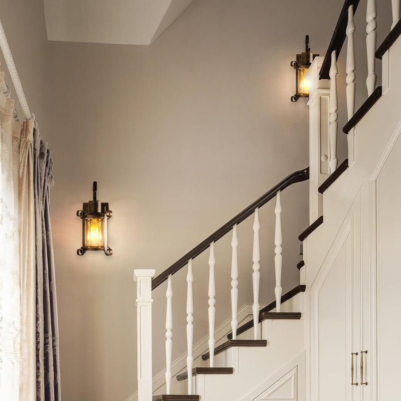 Rustic Interior Amber Glass Wall Sconce 2-Pack Bronze