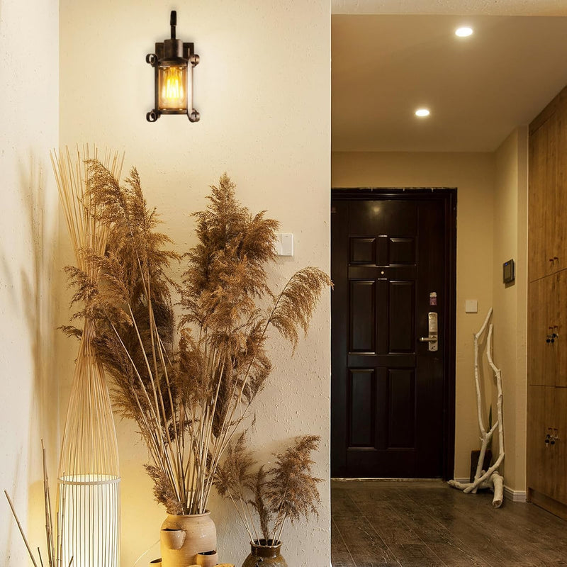 Rustic Interior Amber Glass Wall Sconce 2-Pack Bronze