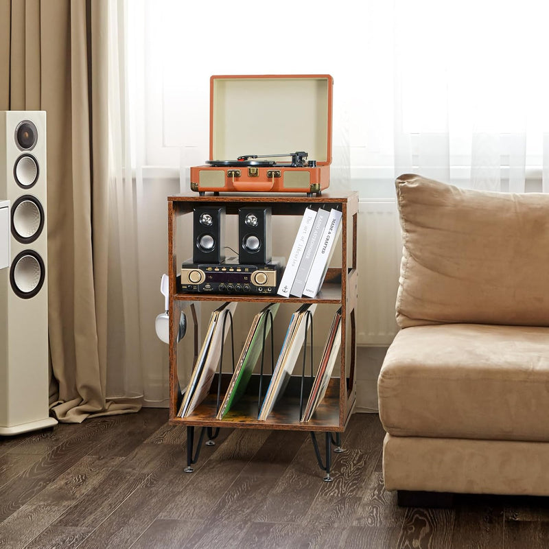 Rustic Record Player Stand End Table with Vinyl