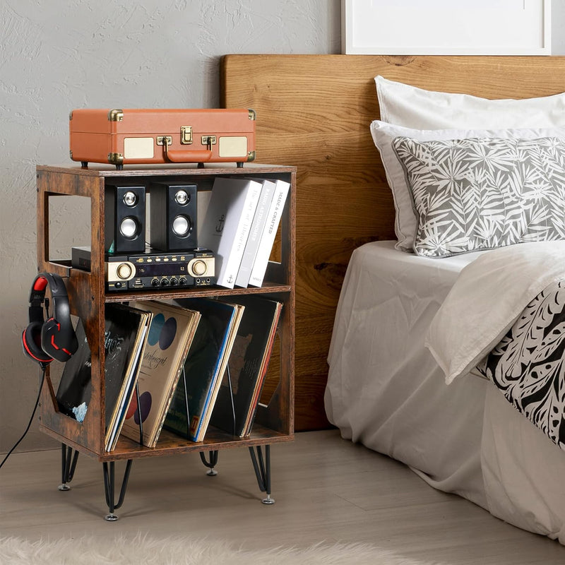 Rustic Record Player Stand End Table with Vinyl