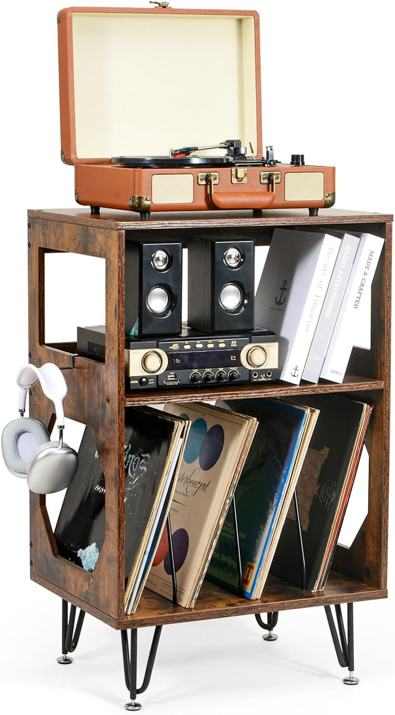 Rustic Record Player Stand End Table with Vinyl