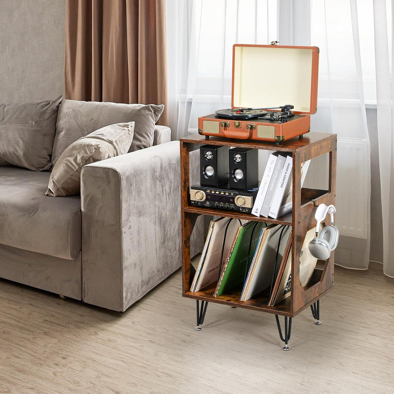 Rustic Record Player Stand End Table with Vinyl