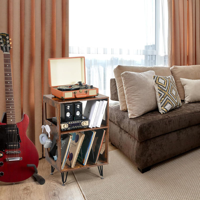 Rustic Record Player Stand End Table with Vinyl