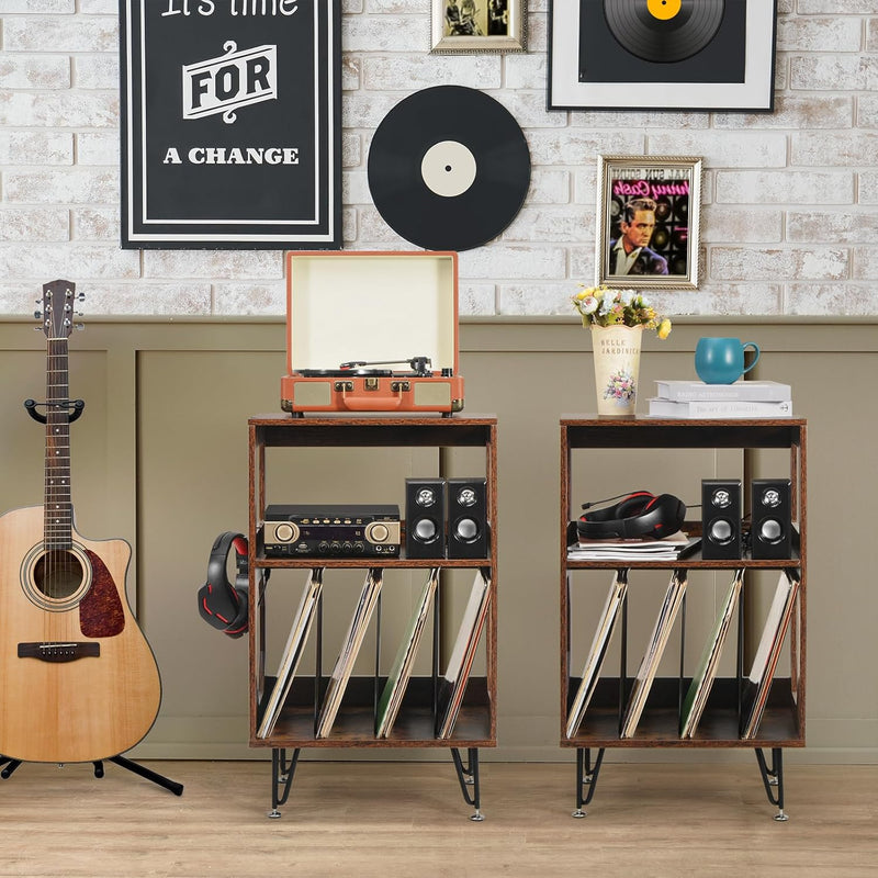 Rustic Record Player Stand End Table with Vinyl
