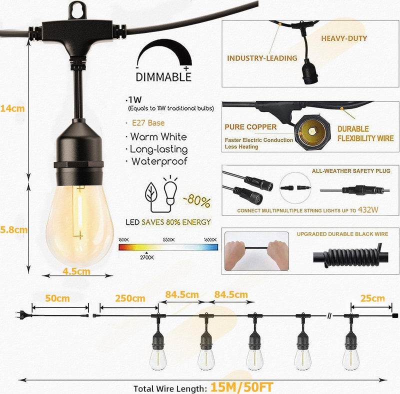 S14 Festoon Lights Outdoor 38m Waterproof Connectable String