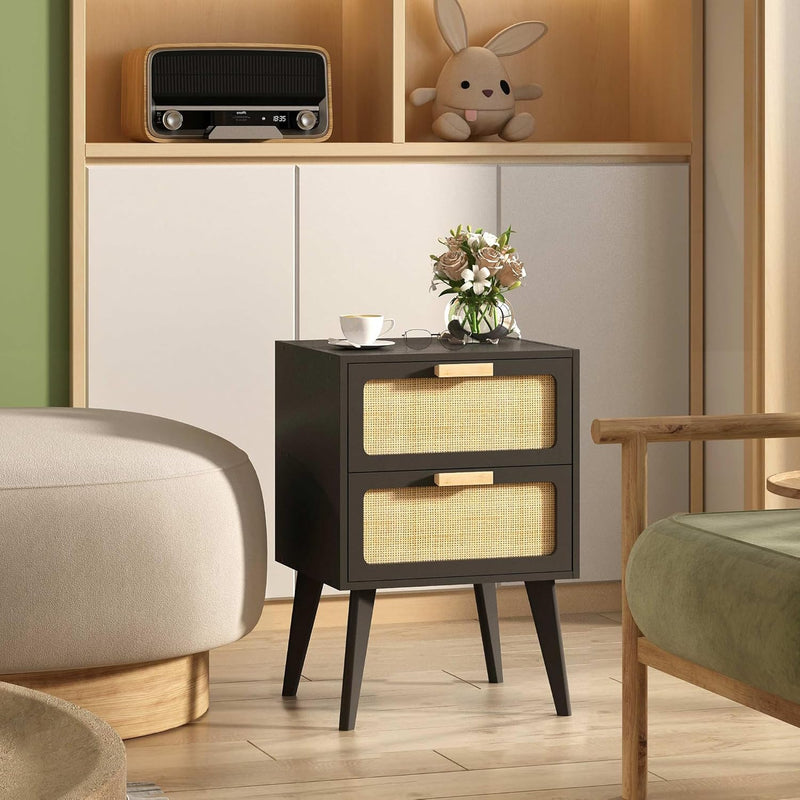 Scandinavian Bedside Table Rattan Nightstand 2 Drawers