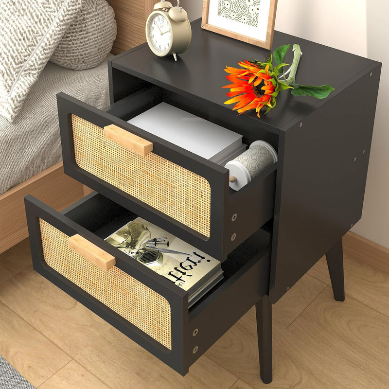 Scandinavian Bedside Table Rattan Nightstand 2 Drawers