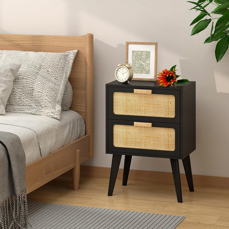 Scandinavian Bedside Table Rattan Nightstand 2 Drawers