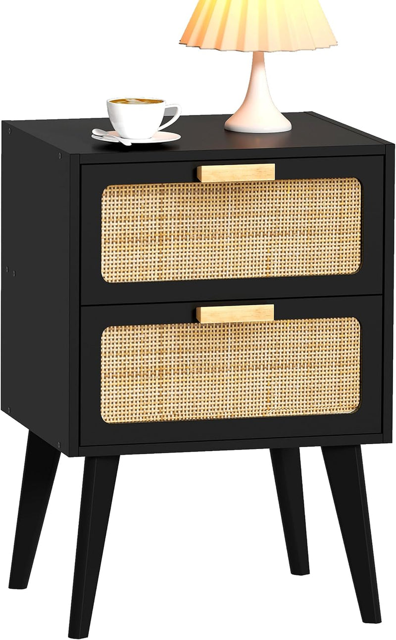 Scandinavian Bedside Table Rattan Nightstand 2 Drawers