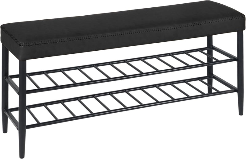 Shoe Bench Padded Faux Leather Seat 2 Shelves