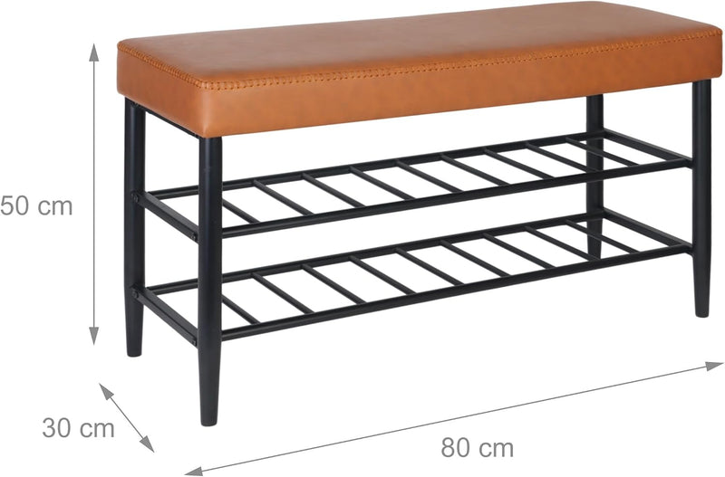 Shoe Bench Padded Faux Leather Seat 2 Shelves