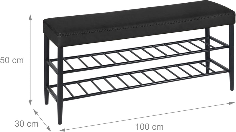 Shoe Bench Padded Faux Leather Seat 2 Shelves