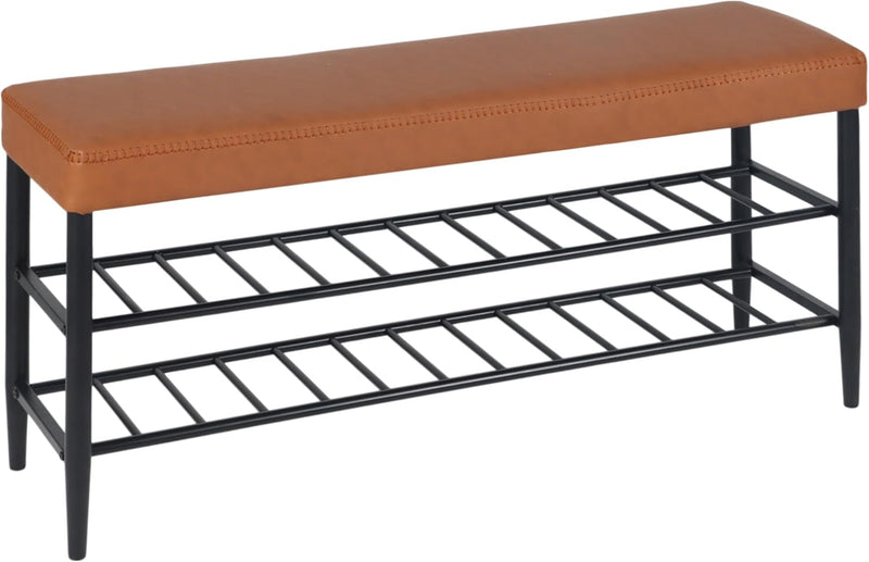 Shoe Bench Padded Faux Leather Seat 2 Shelves