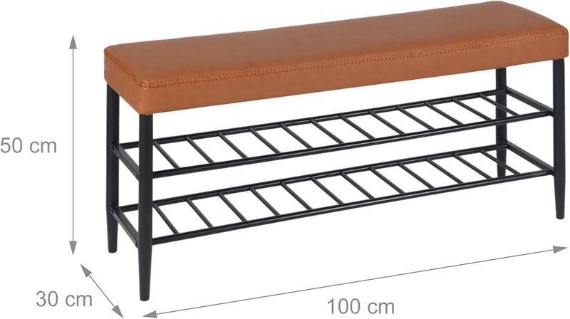 Shoe Bench Padded Faux Leather Seat 2 Shelves