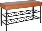Shoe Bench Padded Faux Leather Seat 2 Shelves