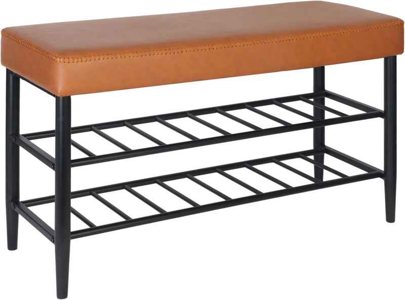 Shoe Bench Padded Faux Leather Seat 2 Shelves