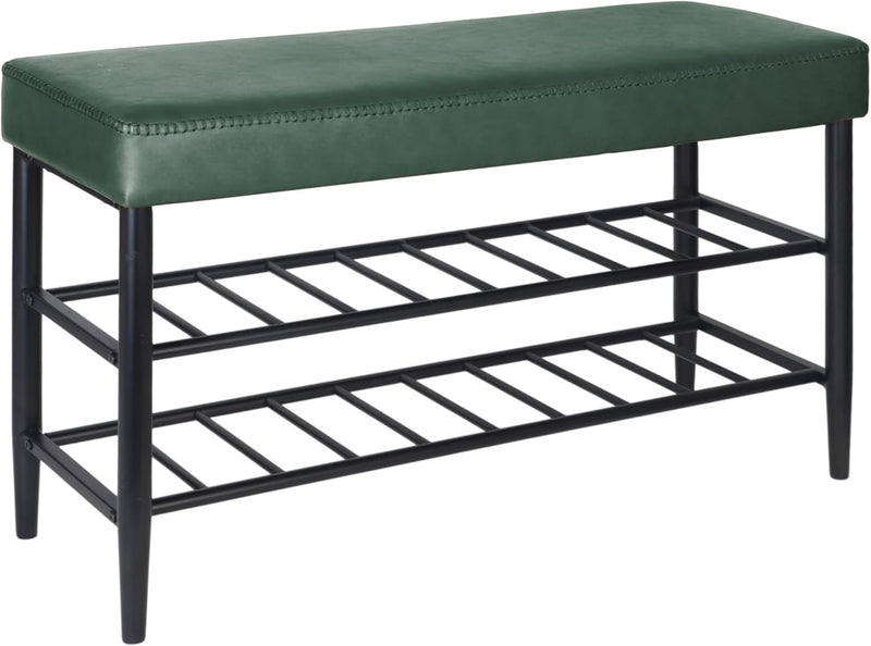 Shoe Bench Padded Faux Leather Seat 2 Shelves