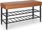 Shoe Bench Padded Faux Leather Seat 2 Shelves