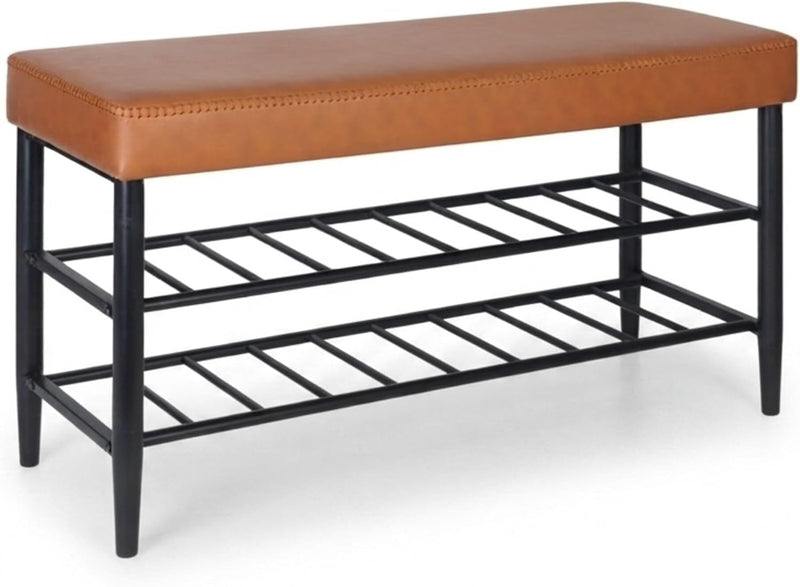 Shoe Bench Padded Faux Leather Seat 2 Shelves