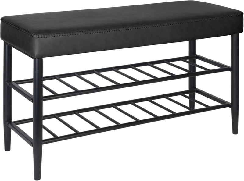 Shoe Bench Padded Faux Leather Seat 2 Shelves