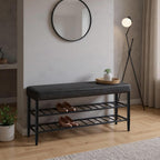 Shoe Bench Padded Faux Leather Seat 2 Shelves
