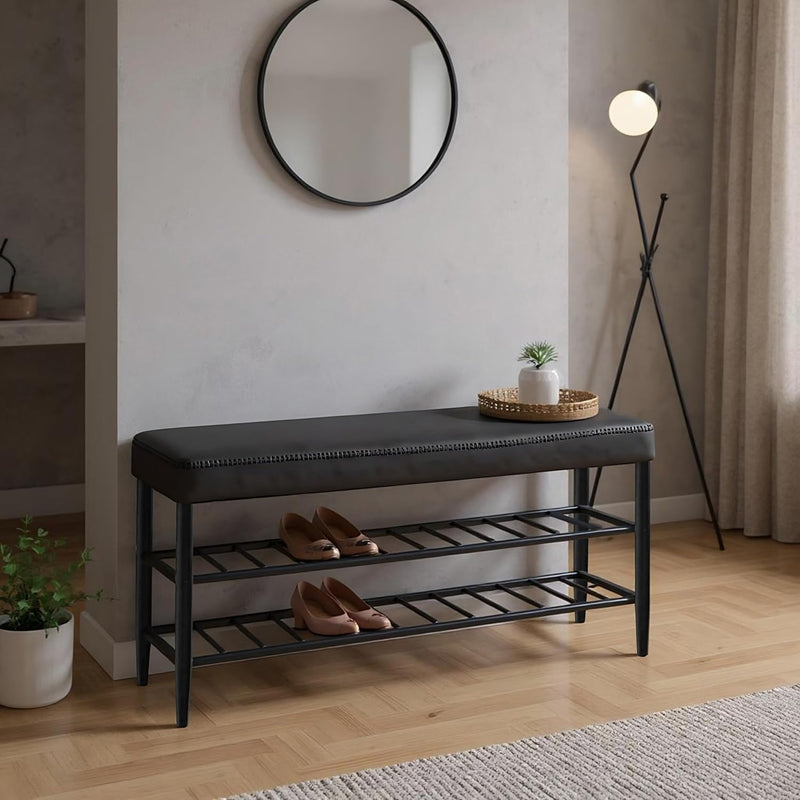 Shoe Bench Padded Faux Leather Seat 2 Shelves