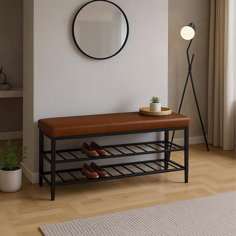 Shoe Bench Padded Faux Leather Seat 2 Shelves